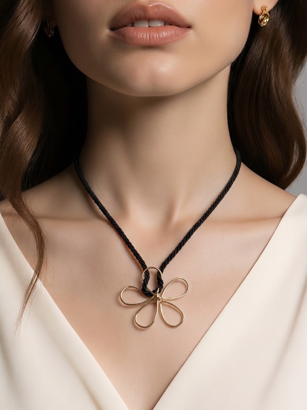 Black rope Necklace with metal Gold Flower Pendant